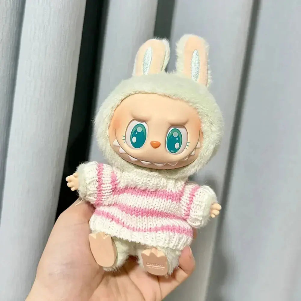 🧸 Sweater Rayé Rose &amp; Blanc pour Poupée Labubu 17 cm